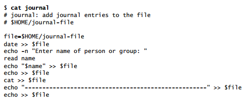the following shell script adds entries to a file named journal-file in your home directory. This...
