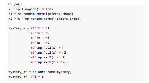 Using mystery_df (below), graph x against each of the other features. Now, experiment with taking...