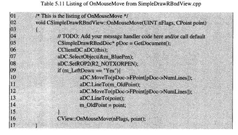 Table 5.11 shows the OnMouseMove message handler for the project SimpleDrawRBnd from the folder...