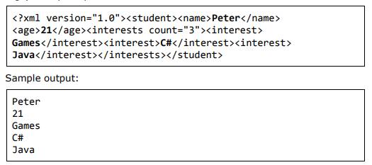 Write a program that extracts from an XML file the text only (without the tags). Sample input file: