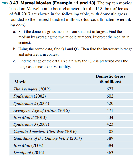 Top Seven Marvel Movies (Example 12) Use the data in Exercise 3.43, find and interpret the median...