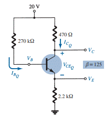 For the emitter-stabilized bias circuit of Fig. 122, determine: a. IBQ. b. ICQ. c. VCEQ. d. VC. e....