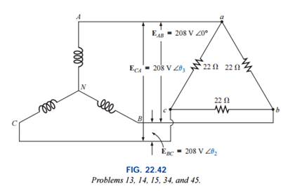 The phase sequence for the Y-? system of Fig. 22.42 is ABC. a. Find the angles ? 2 and ? 3 for the...