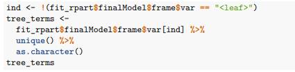 The rpart model we ran above produced a tree that used just six predictors. Extracting the predictor...