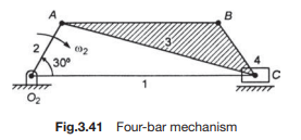 For the mechanism shown in Fig.3.41, find the acceleration of point B in link 3. Given: W2 30 rad/s,...