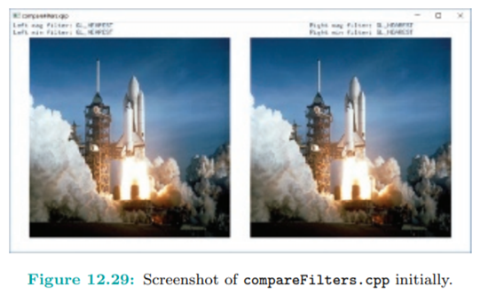 Run compareFilters.cpp, where one sees side-by-side identical images of a shuttle launch bound to a...