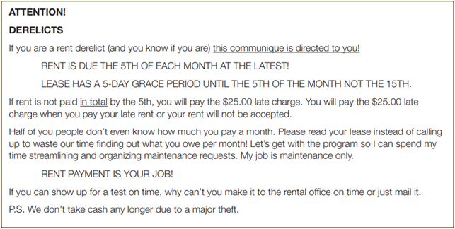 Persuading Tenants to Pay the Rent As the new manager of an apartment complex, this message is in...