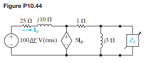 The load impedance ZL for the circuit shown in Fig. P10.44 is adjusted until maximum average power...