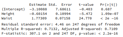 Recall the regression of percent of body fat on height and waist from Exercise 12.1.1. The simple...-2