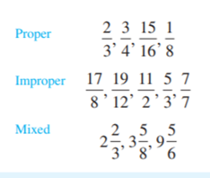 Types of fractions Proper (common): Numerator smaller than denominator. Improper: Numerator equal to...