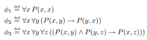 Consider the three sentences which express that the binary predicate P is reflexive, symmetric and...