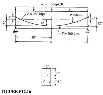 The beam in Fig. P12.16 carries a uniformly distributed service load of 1.6 kips/ft (including its...