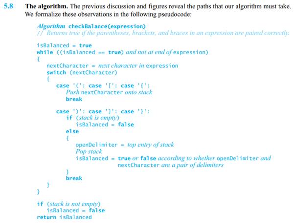 Show the contents of the stack as you trace the algorithm checkBalance, given in Segment 5.8, for...