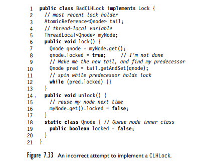 Fig. 7.33 shows an alternative implementation of CLHLock in which a thread reuses its own node...