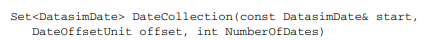 Given a date and an offset generate a set of dates between them. The set contains both end points....