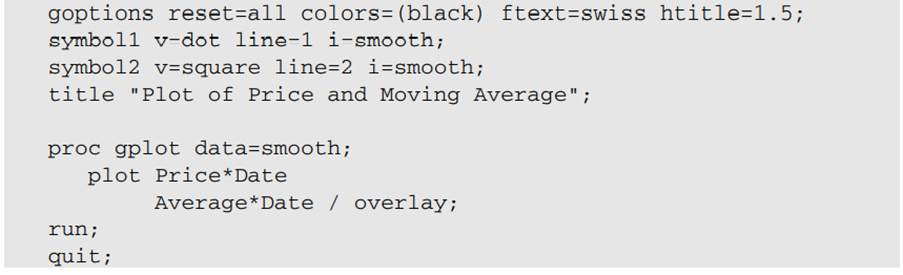 Plot the daily stock prices in data set Stocks along with a moving average of the prices using a...