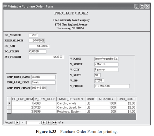 In Figure 6.34 a query was created as the basis for the PO_DETAIL subform shown in Figure 6.33....-1