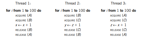 Consider three threads, concurrently executing the three programs shown here. The variables x, y,...