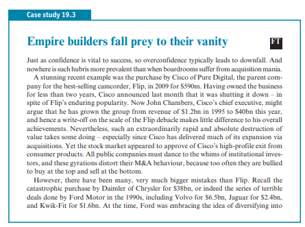 With reference to Case Study 19.3, discuss Roll’s hubris hypothesis. Case study 19.3