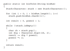 The following method takes a number represented as a string of binary digits and returns the number...