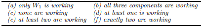 Let Wi, i = 1, 2, 3 denote the event that component i is working. W i denotes the event that the ith...