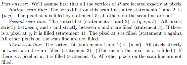 Describe how pixels are filled along each of the eight scan lines drawn in Figure 14.21 by Version...-1