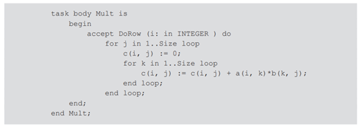 In Figure 13.13 (parallel matrix multiplication in Ada), we used a local variable iloc inside task...-1