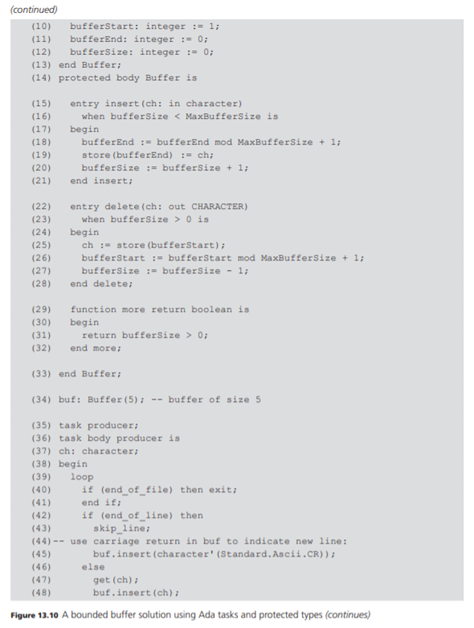 Rewrite the Ada bounded buffer code of Figure 13.10 to use the buffer task of Figure 13.11.-2