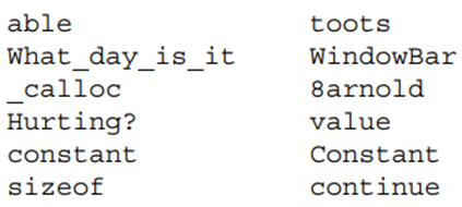 Which of the following words are valid names for use in a C program?