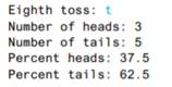 Write a program that will compute statistics for eight coin tosses. The user will enter either an h...-2