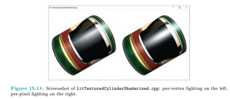 Run litTexturedCylinderShaderized.cpp. The same beer can is drawn twice, per-vertex lit on the left...