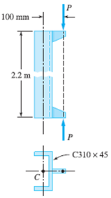 The simply supported column is a C310 × 45 channel, 2.2 m long. Find the largest value of the load P...