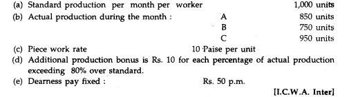 Calculate total monthly remuneration of 3 workers A, B & C from the following data: