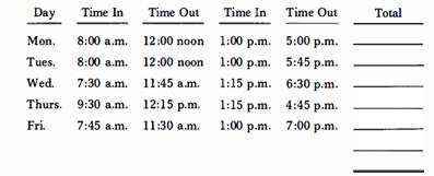 Use the following time card to find the (a) total hours for the week: (b) gross earnings if the pay...