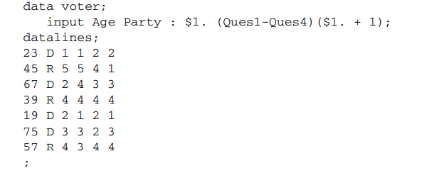 Run the program here to create a temporary SAS data set called Voter: Add formats for Age (0–30,...-1