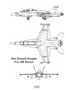 Figure 3.18(a) illustrates a three-view of the fighter aircraft F/A-18 Hornet. Identify 15 different...