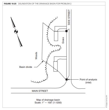 Calculate peak runoff using the Rational Method for the drainage basin shown in Figure 10-25 for a...-1