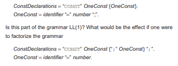 A simplified grammar for constant declarations in Pascal is described by the productions