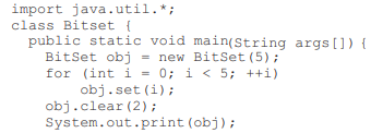 What is the output of this program? (a) {0, 1, 3, 4} (c) {0, 1, 2, 3, 4} (b) {0, 1, 2, 4} (d) {0, 0,...