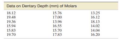 The data on dentary depth of molars (in millimeters) for 18 cheek teeth extracted from skulls are...