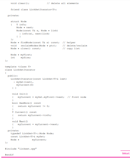 We studied a templated class LinkSet designed and implemented in Section 12.3.6 (see Programs 12.11...-3