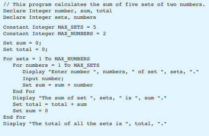 The programmer intended the following pseudocode to get five sets of two numbers each, calculate the...