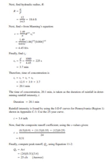 Calculate peak runoff using the Rational Method for the drainage basin shown in Figure 10-25 for a...-4