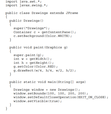 The program below (JM\Ch15\Exercises\Drawings.java) displays a red rectangle in the middle of the...