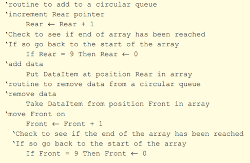 The following section of pseudo-code is used to add and remove data in a queue. (a) State a line of...