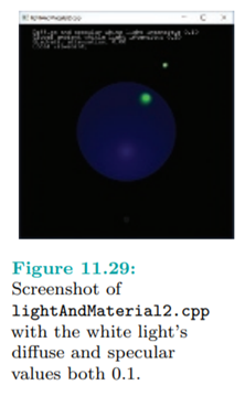 Run lightAndMaterial2.cpp. Reduce the white light’s diffuse and specular intensity to nearly 0. The...