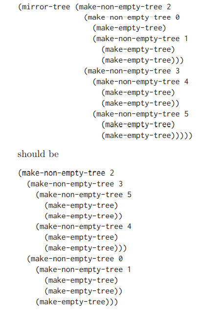 Define a procedure mirror-tree that receives a tree and returns a tree containing the same values,...