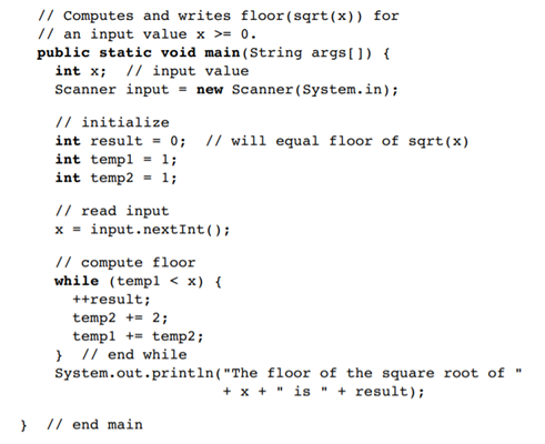 The following code is supposed to compute the floor of the square root of its input value x. (The...-3