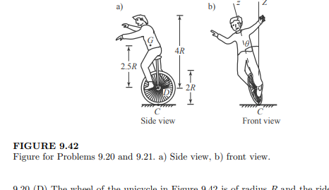 The wheel of the unicycle in Figure 9.42 is of radius R and the rider is of height 4R. The...