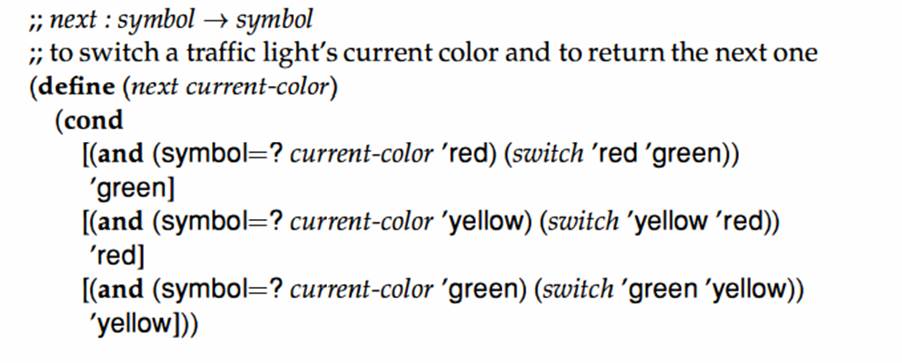 Here is the function next: It consumes the current color of a traffic light (as a symbol) and...